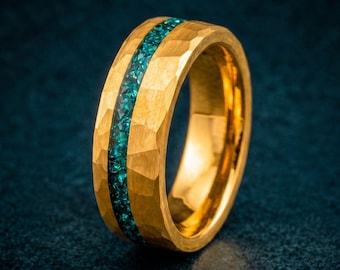 Gehamerde gouden wolfraamring, turkoois ingelegde herentrouwring, 8 mm comfortabele pasvorm