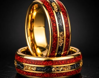 Meteoriet Red Galaxy Opal-ring, 18 kt geelgouden wolfraam trouwring, 8 mm comfortabele pasvorm