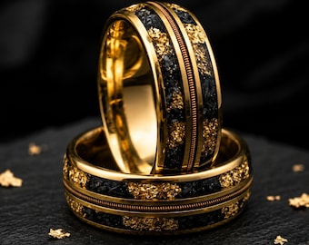 Meteoriet-inlegring gitaarsnaar, gouden wolfraamring, herentrouwring 8 mm