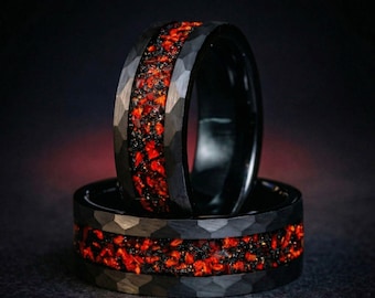 Zwarte wolfraamring ingelegd met rode granaat, herentrouwring 8 mm, cadeau voor hem