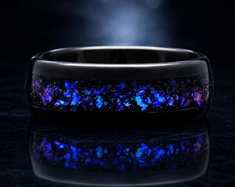 Zwarte wolfraamnevelring, ingelegde Galaxy Sandstone-koepelband, 8 mm comfortabele pasvorm