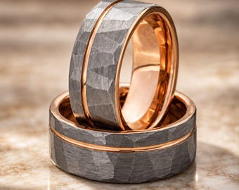 Gehamerde roségouden wolfraam trouwring voor mannen, 8 mm wolfraamring, geborstelde gehamerde herentrouwring, comfort fit jubileumband