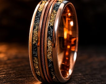Wolfraam roségouden ring, gitaarsnaar meteoriet bladgoud inleg, 8 mm band