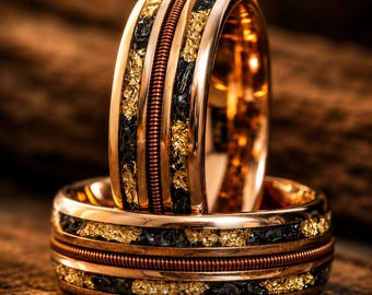 Meteorite Gold Leaf Guitar String Tungsten Wedding Band, Men’s Ring, 8mm Promise Ring, Unique Engagement Ring, Gift for Him