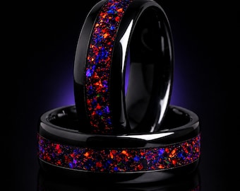 Black Fire Opal Tungsten Wedding Band 8mm, Black Tungsten Ring, Polished Dome Comfort Fit, Men’s Wedding Ring