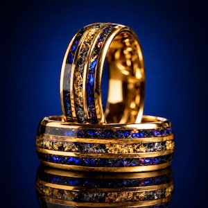 Blue Sandstone Galaxy Tungsten Ring, Meteorite & 24K Gold Inlay Men’s Wedding Band, Nebula Anniversary Promise Ring 8mm
