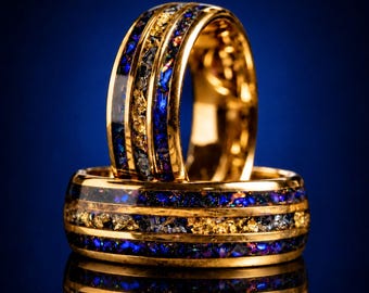 Blauwe zandsteen Galaxy wolfraamring, meteoriet en 24-karaats goud inlegwerk herentrouwring, nevel jubileumbeloftering 8 mm