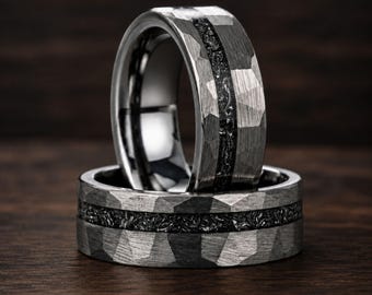Zilveren gehamerde meteoriet wolfraam trouwring, Obsidiaan Galaxy-ring, trouwring heren, jubileumcadeau