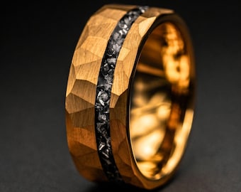 Gold Meteoriet-wolfraamring 8 mm, 18 kt gouden afwerking, herentrouwring