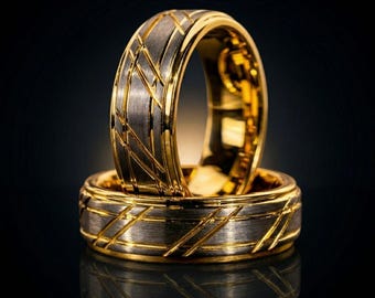 Trouwring geborsteld wolfraam – geelgouden vergulde ring met sleuven, 8 mm herenband
