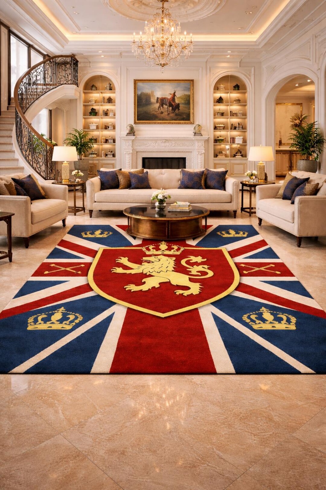 Rectangular Rug Emblem Royal Union Jack Lion Crest Rug, British Flag Area Rug, Crown Emblem ...