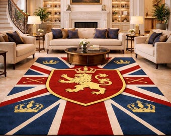 Royal Union Jack Lion Crest Rug, British Flag Area Rug, Crown Emblem Carpet, Luxury Living Room Rug 3x5 5x8 8x10 9x12, Custom Size