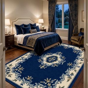 May include: A rectangular area rug featuring a deep blue center and a wide cream-colored border. The rug is decorated with intricate floral and scrollwork patterns in shades of blue, light blue, and gold, covering the entire surface area.