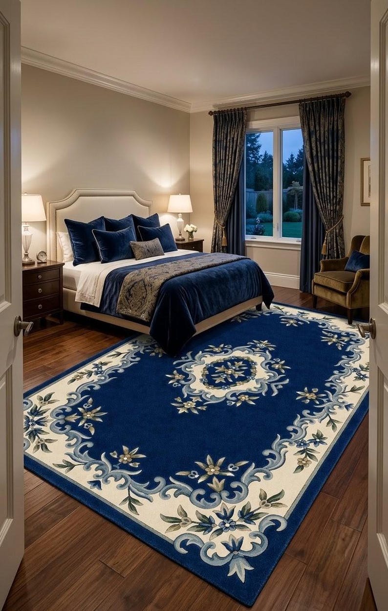May include: A rectangular area rug featuring a deep blue center and a wide cream-colored border. The rug is decorated with intricate floral and scrollwork patterns in shades of blue, light blue, and gold, covering the entire surface area.
