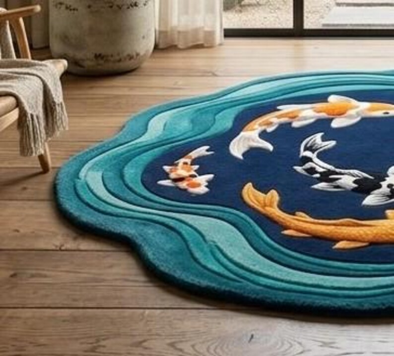 Hand Tufted Koi Fish Rug, Custom Irregular Shape Area Rug, Luxury Wool ...