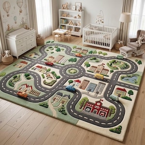 Hand Tufted Kids Road Rug, Road Map Playroom Rug, Nursery Area Rug, Toy Car Play Mat, Kids Room Decor, Children's Bedroom Carpet, Handmade