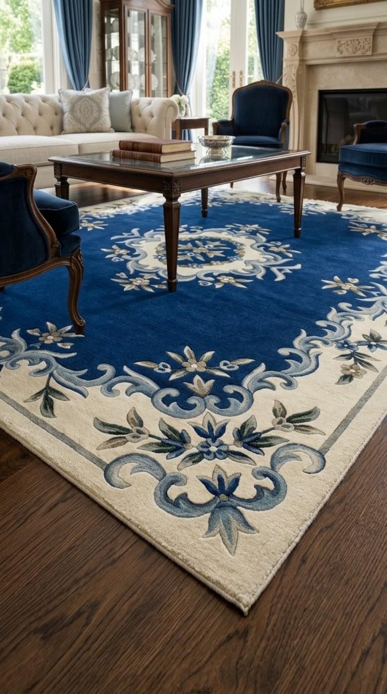 May include: A large rectangular area rug featuring a deep blue center with a central cream-colored floral medallion. The rug has a wide cream border decorated with intricate blue and light blue scrolling floral and leaf patterns throughout.
