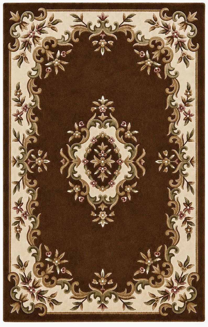 May include: A rectangular area rug featuring a deep brown central field with a central floral medallion. The border is cream-colored with intricate scrolling acanthus leaf patterns, floral motifs in muted green, pink, and tan tones.