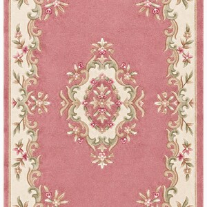 May include: A rectangular area rug featuring a solid dusty pink center with a central cream-colored medallion. The border is cream-colored and decorated with scrolling vines, green leaves, and small pink flowers that frame the entire rug.
