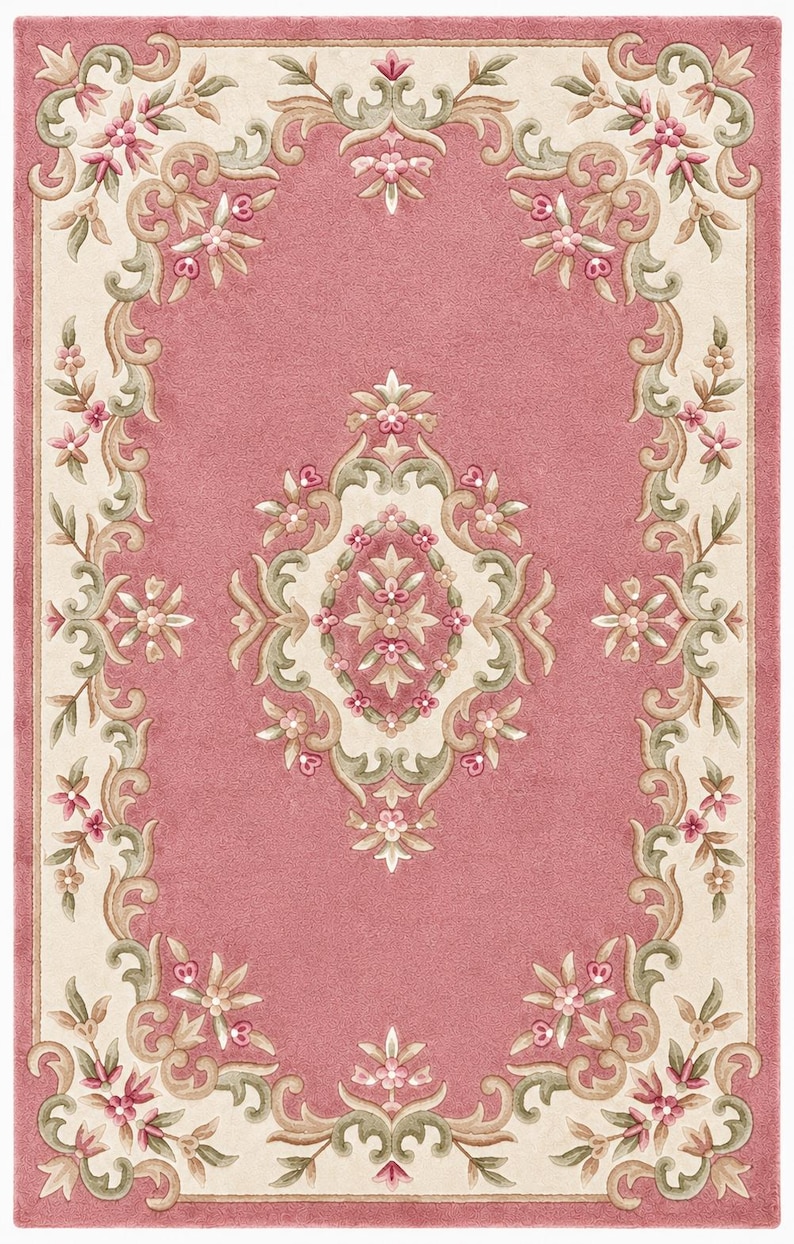 May include: A rectangular area rug featuring a solid dusty pink center with a central cream-colored medallion. The border is cream-colored and decorated with scrolling vines, green leaves, and small pink flowers that frame the entire rug.