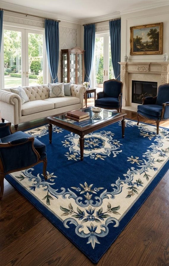 Hand Tufted Blue Ivory Rug, Luxury Wool Area Rug, Traditional Floral Rug, Living Room Rug, Handmade Carpet, Persian Style Rug, CustomSizeRug