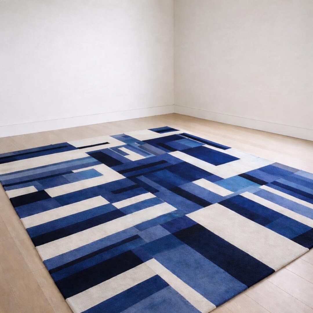 Hand Tufted Blue Geometric Rug, Modern Abstract Area Rug, Navy Ivory ...