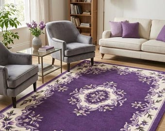 Hand Tufted Purple Floral Area Rug, Luxury Wool Living Room Rug, Custom Handmade Rug, Modern Bedroom Carpet, Large Accent Rug, HomeDecorGift