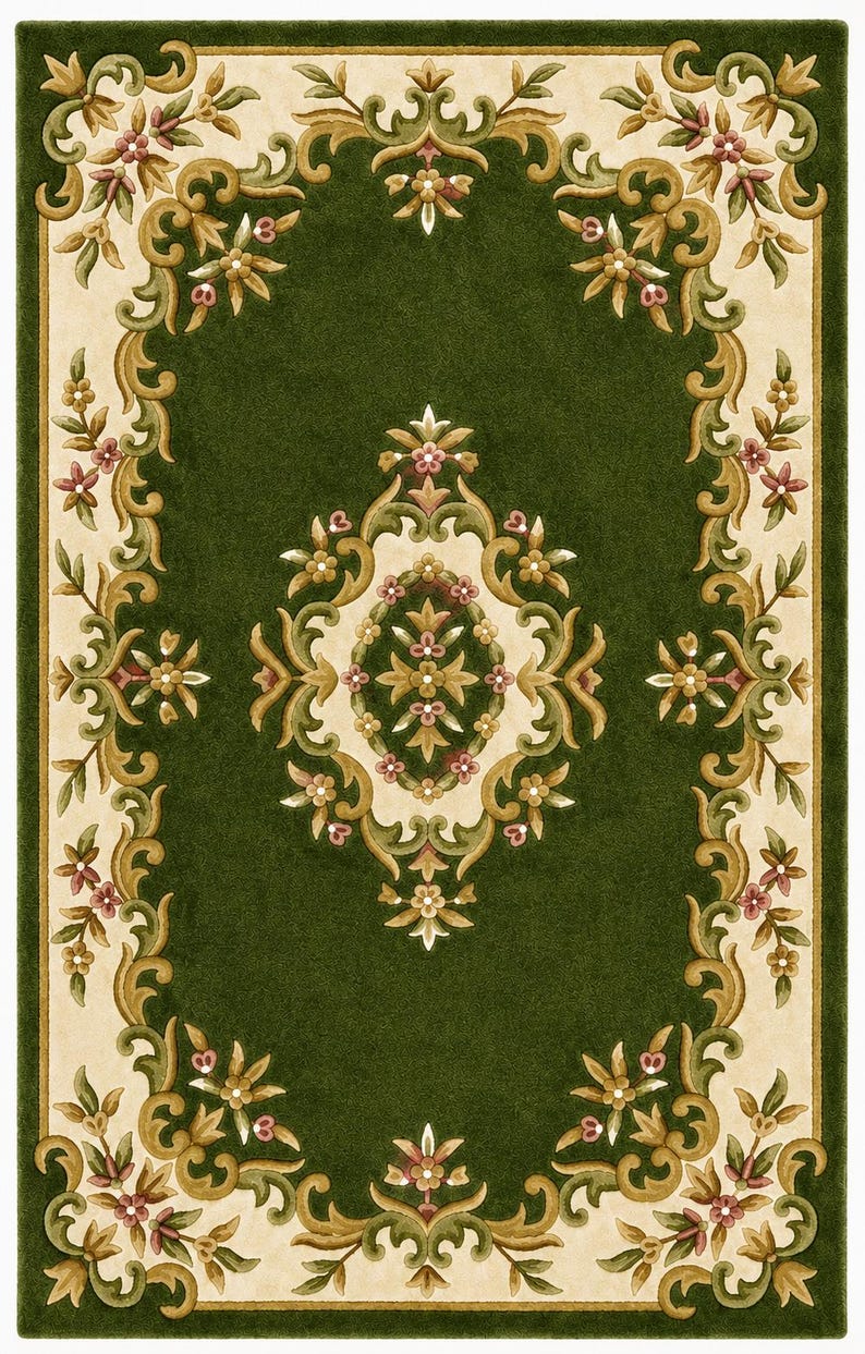 May include: A rectangular area rug featuring a deep forest green center field with a central cream-colored medallion. The border is cream with scrolling green and gold acanthus leaf motifs and small pink floral accents throughout the design.