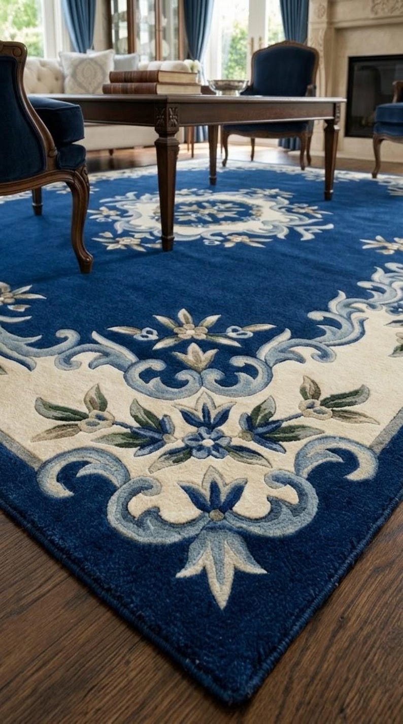 May include: A large rectangular area rug featuring a deep blue field with a cream-colored border. The design includes intricate floral motifs and scrolling acanthus leaf patterns in shades of light blue, sage green, and cream throughout the border.