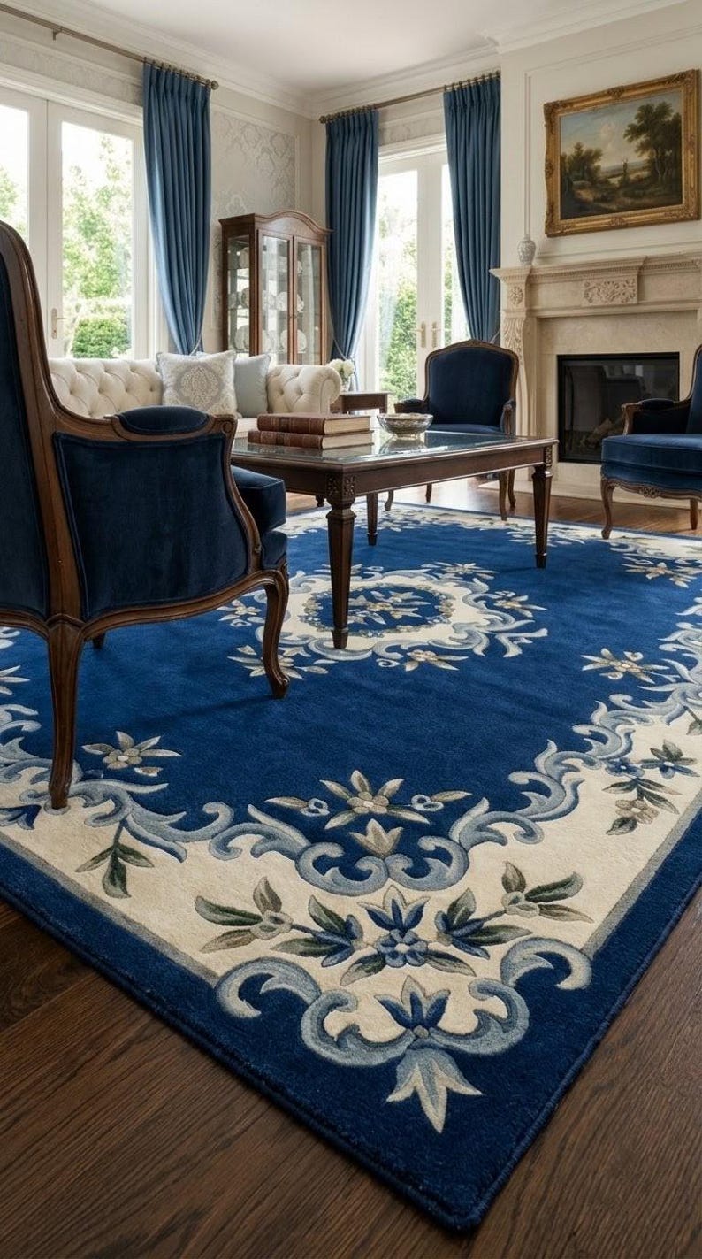 May include: A large rectangular area rug featuring a deep blue field with a cream-colored border. The design includes intricate floral motifs and scrolling acanthus leaf patterns in shades of light blue, grey, and white, creating a symmetrical border.