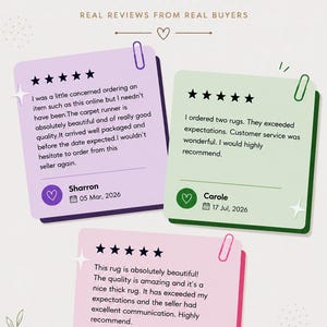 Może przedstawiać: Grafika z tytułem Loved by Our Customers i podtytułem REAL REVIEWS FROM REAL BUYERS. Zawiera trzy kwadratowe karty z opiniami w kolorze jasnofioletowym, jasnozielonym i r&oacute;żowym, z kt&oacute;rych każda pokazuje pięć gwiazdek i opinie klient&oacute;w.