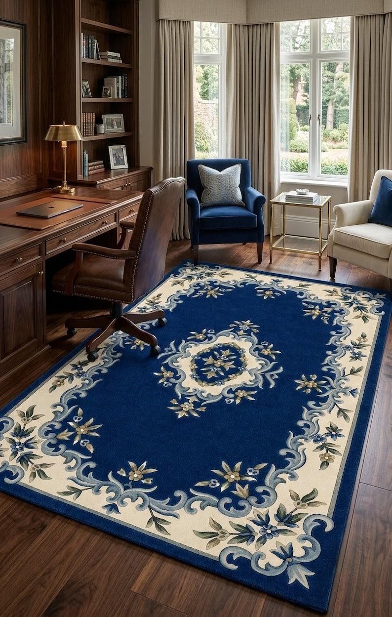 Hand Tufted Blue Ivory Rug, Luxury Wool Area Rug, Traditional Floral Rug, Living Room Rug, Handmade Carpet, Persian Style Rug, CustomSizeRug image 5