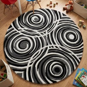 Tappeto rotondo a spirale bianco e nero, tappeto in lana trapuntato a mano, tappeto circolare astratto moderno, tappeto geometrico di grande impatto, decorazione per soggiorno.