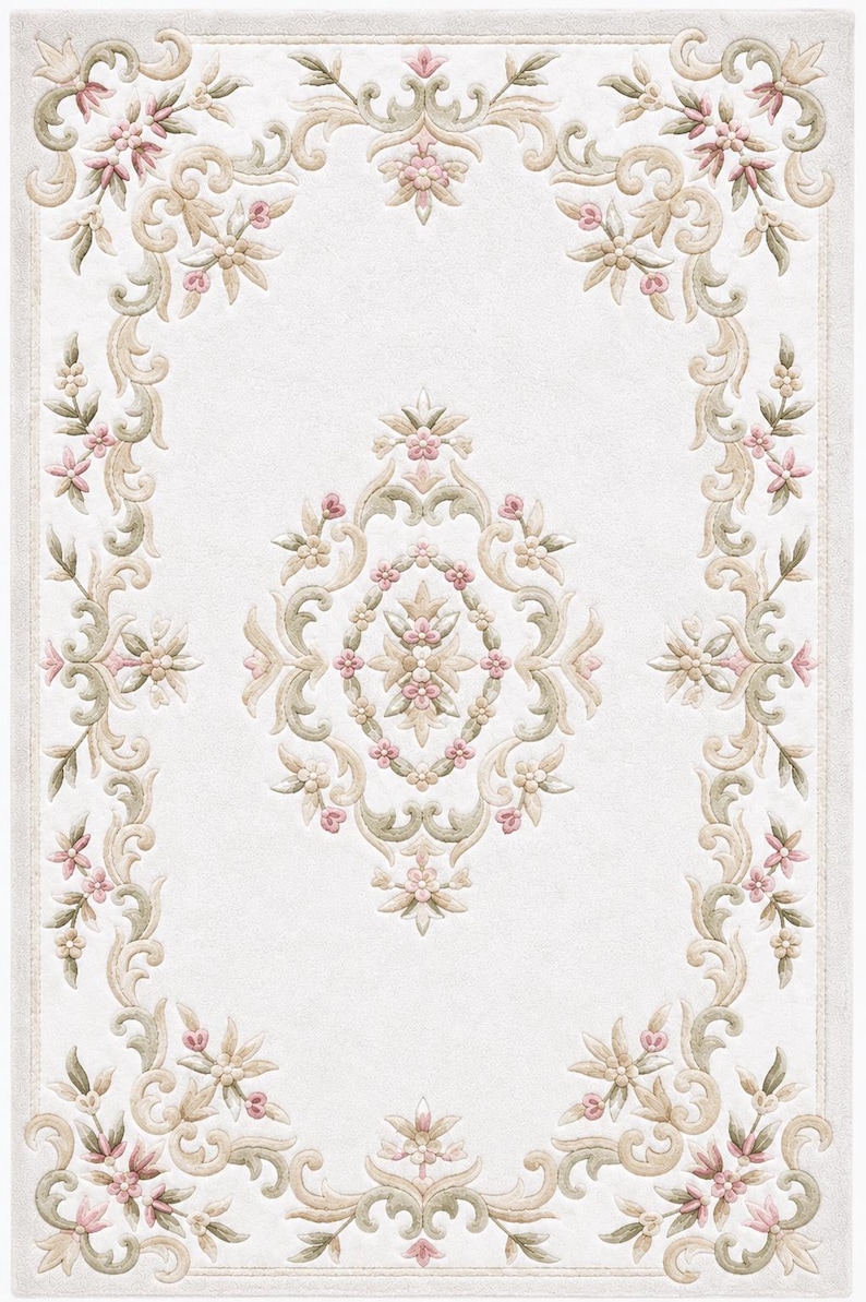 May include: A rectangular area rug featuring a cream-colored background with a central medallion and a decorative border. The design consists of intricate scrolling foliage, vines, and small floral motifs in shades of sage green and soft pink.