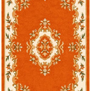 May include: A rectangular area rug featuring a vibrant orange background with a central cream-colored medallion and a matching cream border. The design includes intricate floral and scrolling vine patterns in shades of orange, green, and white.