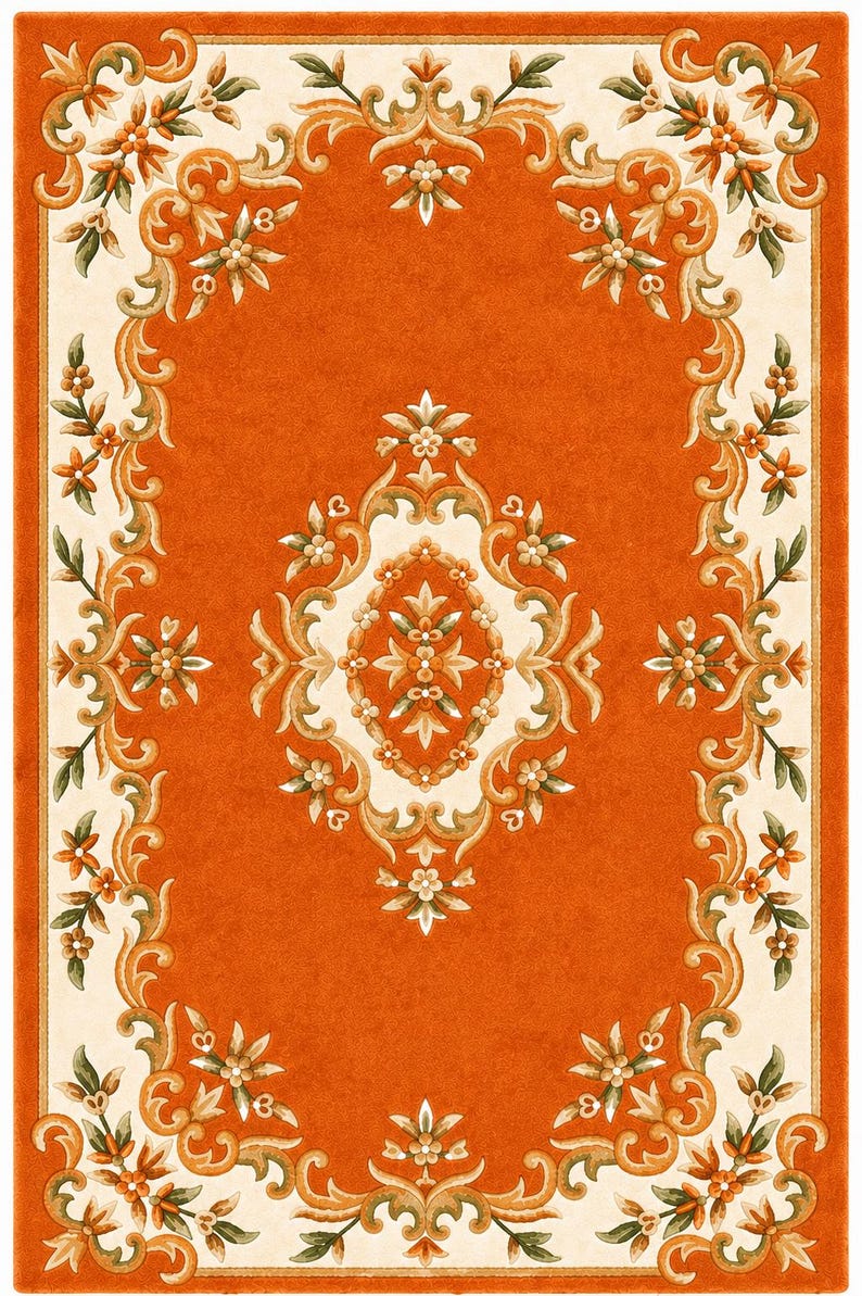 May include: A rectangular area rug featuring a vibrant orange background with a central cream-colored medallion and a matching cream border. The design includes intricate floral and scrolling vine patterns in shades of orange, green, and white.