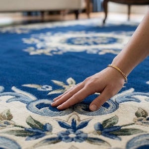 May include: A large area rug featuring a deep blue background with an intricate cream and light blue floral pattern. The design includes symmetrical botanical motifs and scrolling elements that repeat across the surface of the textile floor covering.