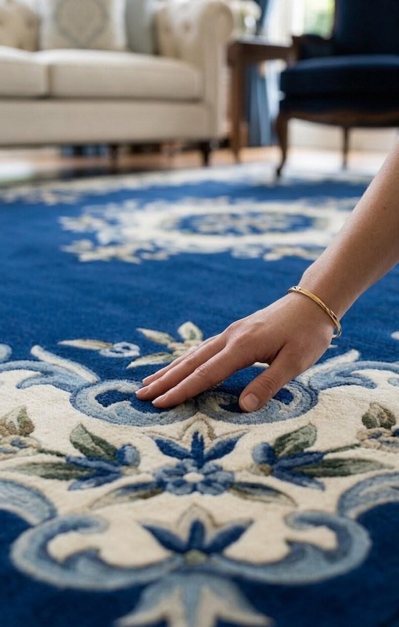 May include: A large area rug featuring a deep blue background with an intricate cream and light blue floral pattern. The design includes symmetrical botanical motifs and scrolling elements that repeat across the surface of the textile floor covering.