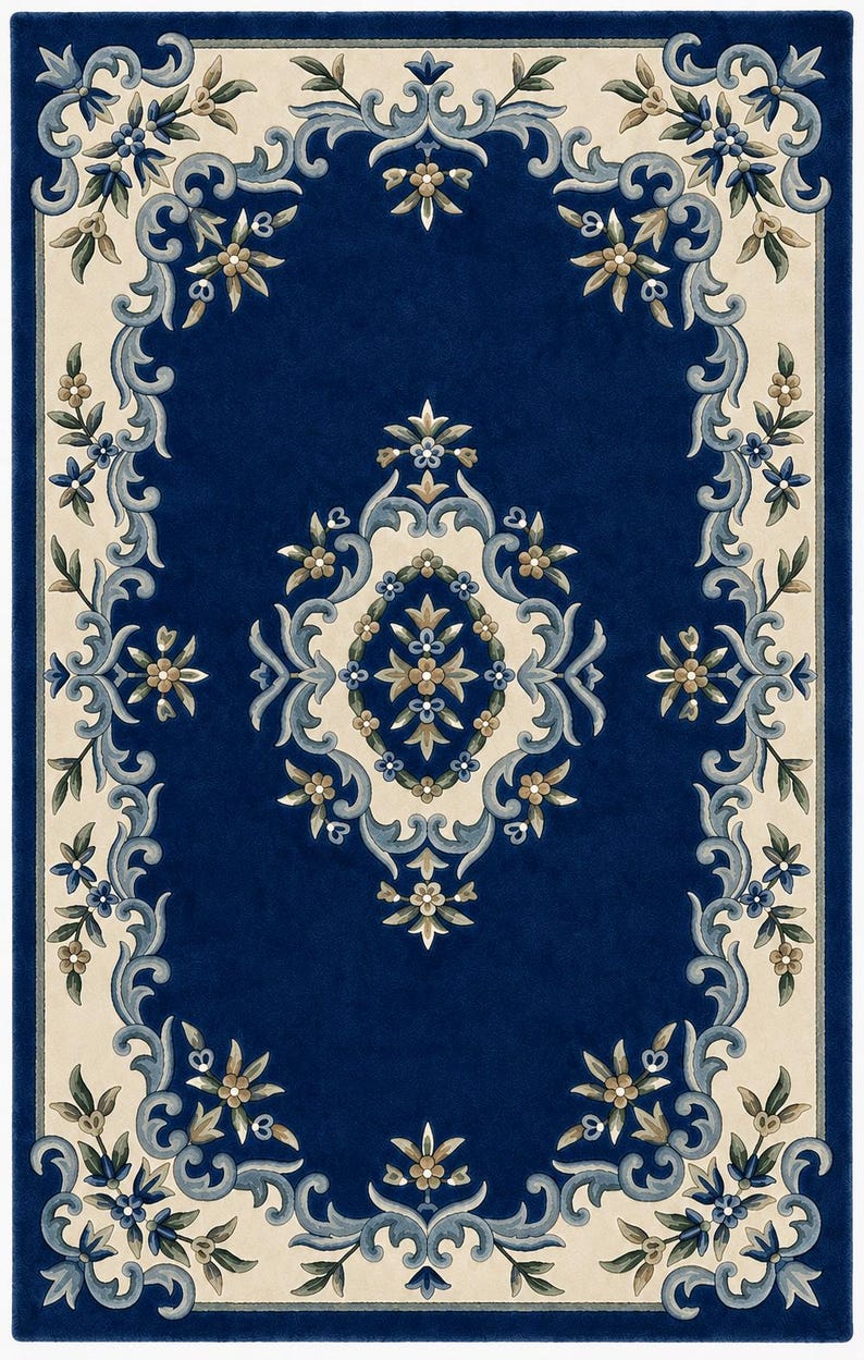 May include: A rectangular area rug featuring a deep blue center field with a central cream-colored medallion. The border is cream with blue scrolling acanthus leaves and floral motifs in shades of blue, green, and tan throughout the design.