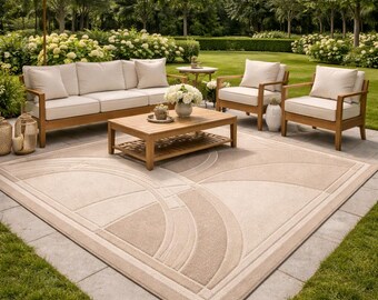 Modern Beige Arch Pattern Outdoor Rug 5x8 8x10 9x12 | Neutral Geometric Patio Rug | Large Garden Area Rug | Minimalist Luxury Deck Carpet