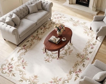 Hand Tufted Wool Rug, Floral Area Rug, Luxury Ivory Living Room Rug, Traditional Handmade Carpet, Vintage French Style Rug, Custom Size Rug