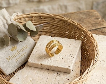 Verstelbare gouden meerstrengige ring, minimalistische gehamerde statementring, brede drievoudige bandring, roestvrijstalen gestapelde ring, Parijse sieraden