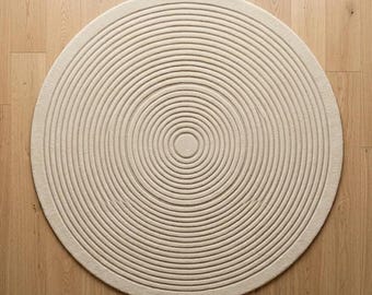 Round Cream Wool Rug Hand Tufted Japandi Textured Circle Area Carpet Minimalist Zen Decor Thick Plush Custom Sizes 4x4 5x5 6x6 8x8 10x10