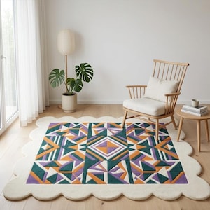 Scalloped Wool Rug Modern Hand Tufted Geometric Area Rug Green Purple Orange Mid Century 3D Textured Plush Carpet Custom Size 8x10 9x12 6x9