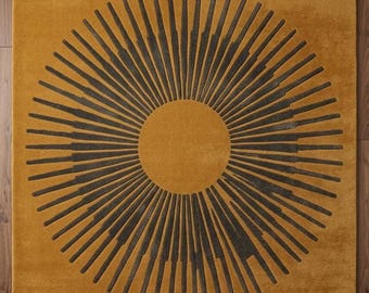 Mid Century Modern Rug Gold Sunburst Hand Tufted Wool Rug Large Area Rug for Living Room Bedroom Custom Mustard Yellow Rug 8x10 9x12 10x14