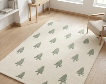 Scandinavian Hand Tufted Wool Rug Sage Green Cream Pine Tree Pattern Minimalist Cozy Large Area Rug Living Room Decor 8x10 9x12 10x14 Custom