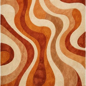 May include: A rectangular rug with a retro design. The rug features a pattern of flowing, wavy lines in shades of orange, brown, and cream. The rug has a soft, textured appearance, suitable for a living room or bedroom.