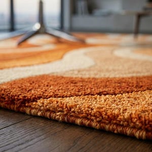 May include: Close-up of a textured, orange and beige area rug with a wavy pattern. The rug's design features shades of orange, tan, and cream. The rug is placed on a dark wood floor, with a blurred chair and window in the background.