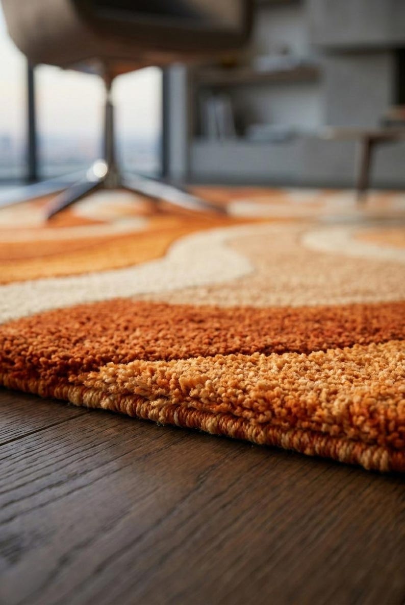 May include: Close-up of a textured, orange and beige area rug with a wavy pattern. The rug's design features shades of orange, tan, and cream. The rug is placed on a dark wood floor, with a blurred chair and window in the background.