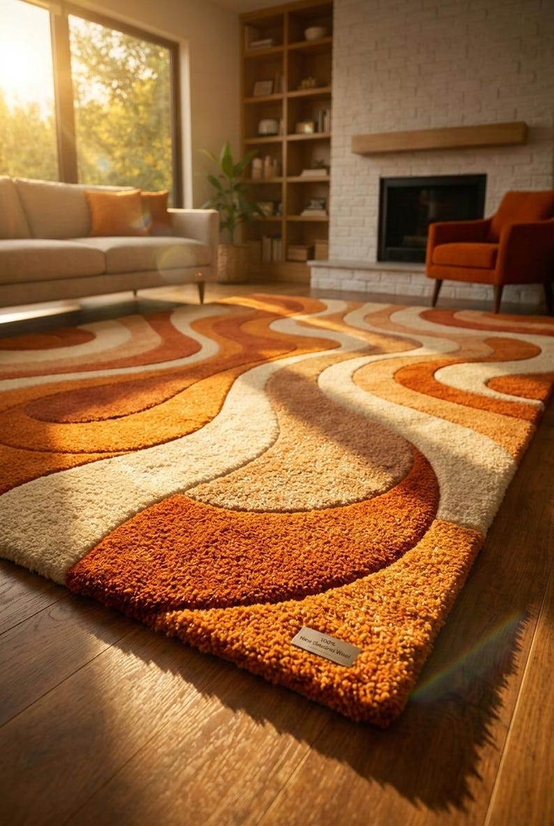 May include: A shag rug with a retro design. The rug features a wavy pattern in shades of orange, cream, and beige. The rug is rectangular and appears to be made of a soft, plush material. The rug is placed on a hardwood floor.